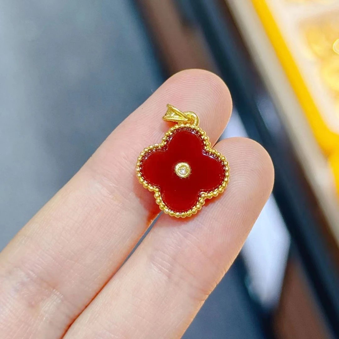 小赛哥足金999红玛瑙四叶草钻石吊坠00165