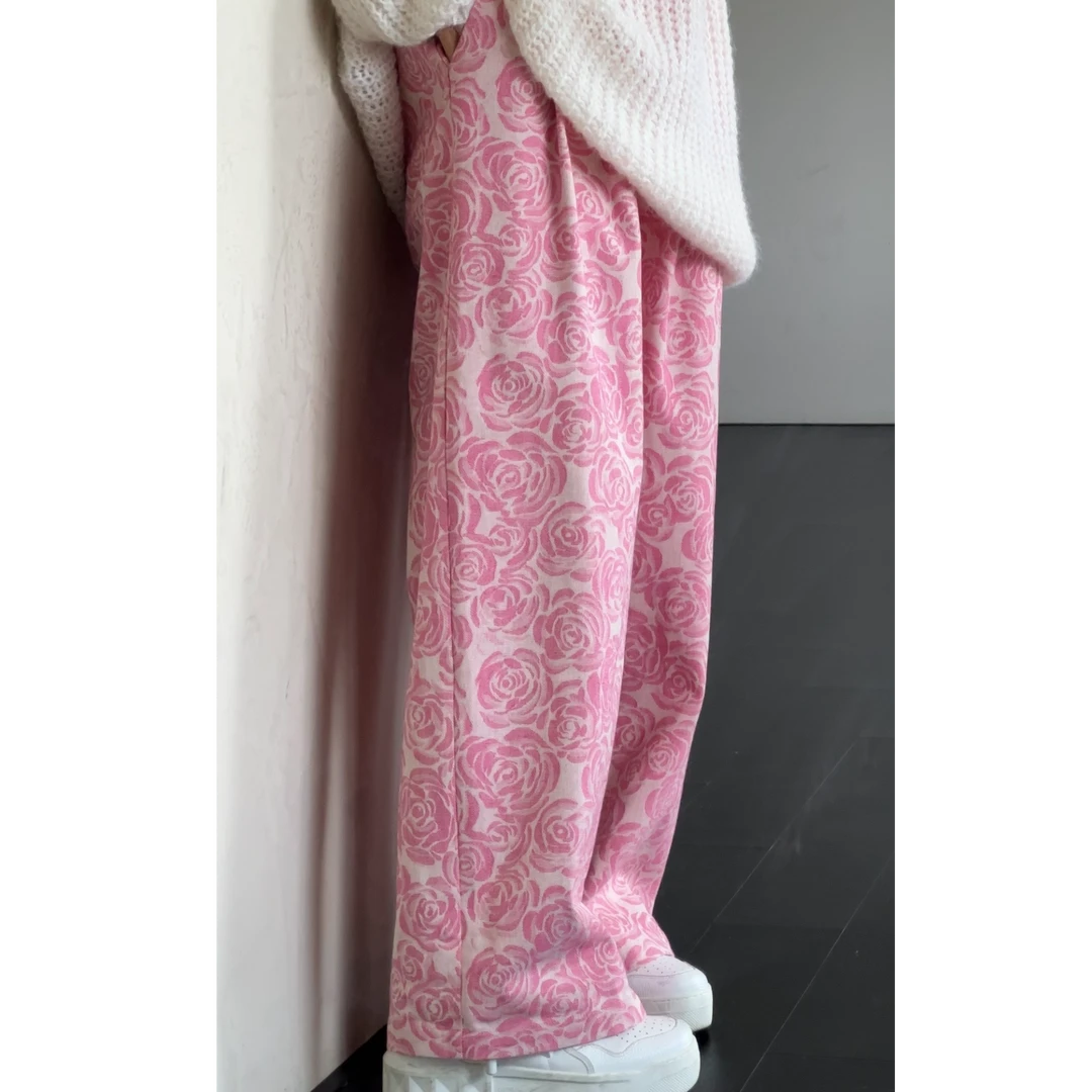 NXJ【玫瑰庄园】微胖大码 提花牛仔阔腿裤长裤 240717