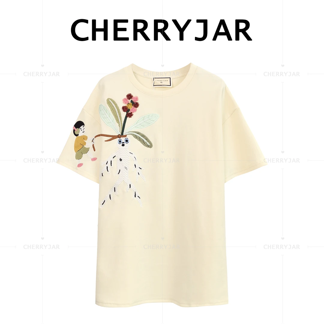 Cherryjar重工刺绣绣花短袖t恤女夏季2024年新款宽松圆领百搭上衣