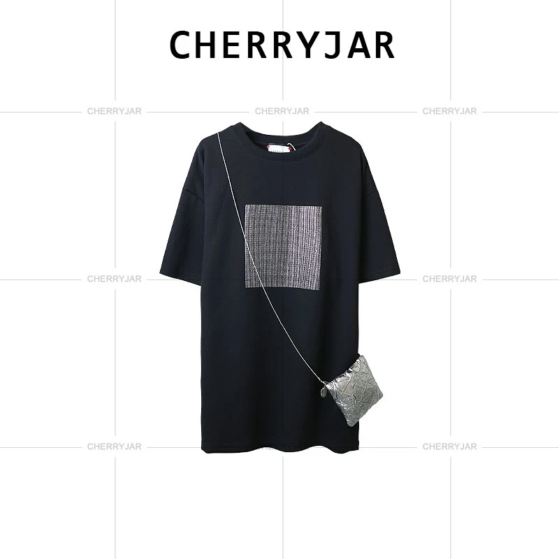 Cherryjar【511】夏季黑色简约烫钻工艺宽松T恤圆领显瘦时尚