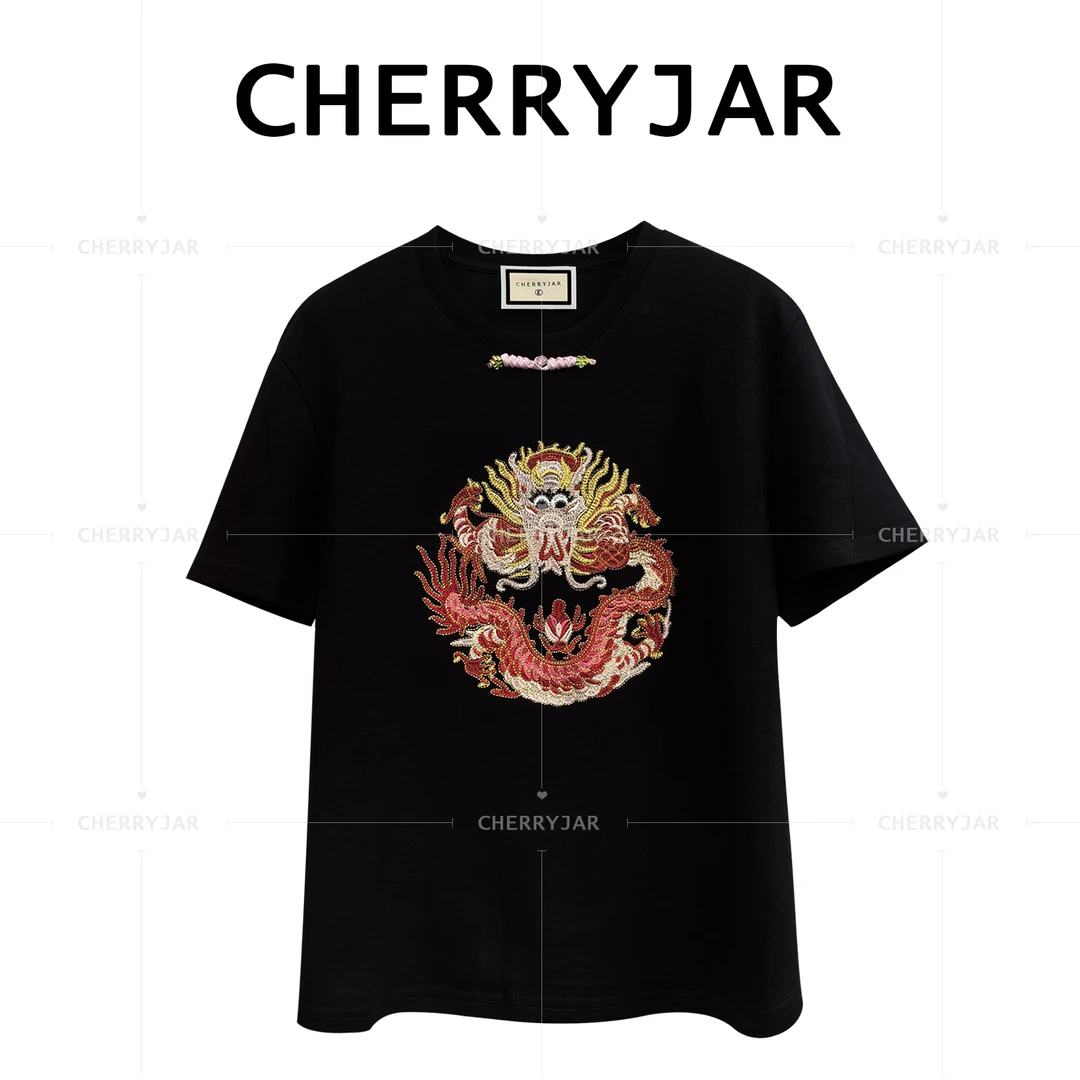 Cherryjar重工短袖t恤女夏季刺绣国风2025年新款常规款百搭宽松