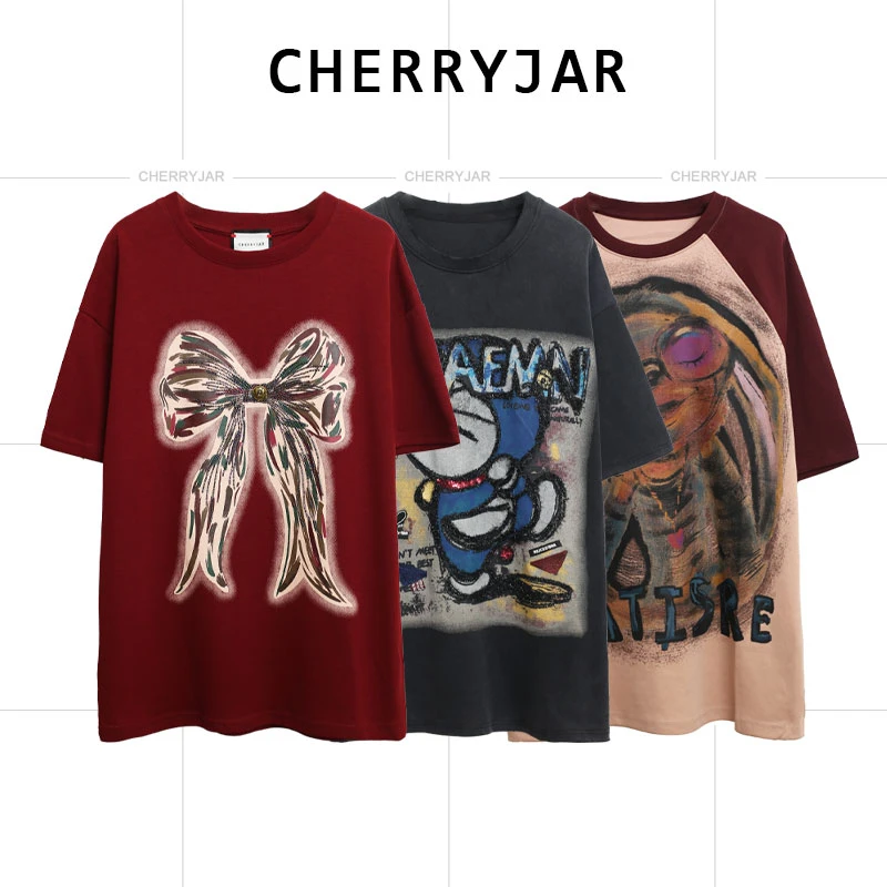 Cherryjar◉【短袖5专属】重工短袖t恤女宽松显瘦中长款刺绣镶钻上衣