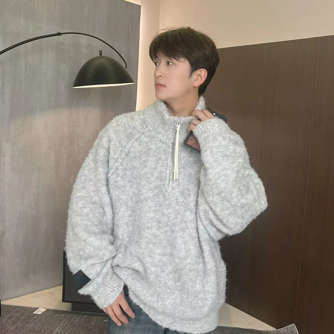 秋冬时尚百搭休闲立领拉链针织慵懒宽松加厚绵羊毛毛衣男女同款雨