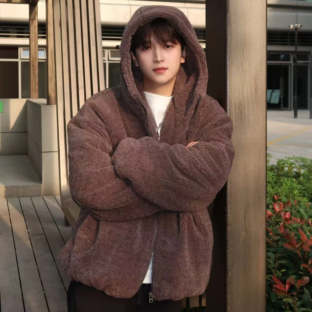 冬百搭宽松潮流高级感男女加厚保暖连帽加绒仿羊羔绒外套情侣棉服
