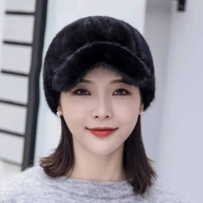 貂皮帽子女士冬季水貂毛皮草帽子冬天保暖鸭舌骑士拼貂帽妈妈貂帽