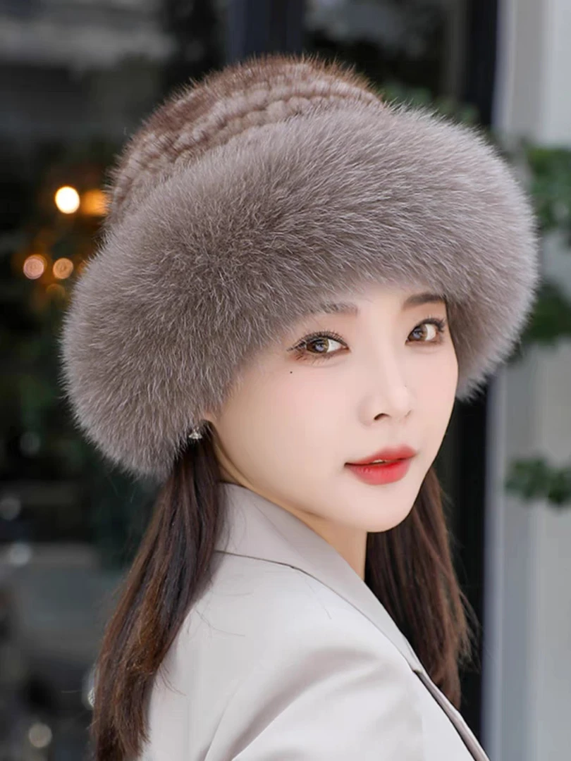 水貂毛帽子女秋冬季貂毛狐狸毛渔夫帽水貂皮草帽秋冬时尚冬天帽子