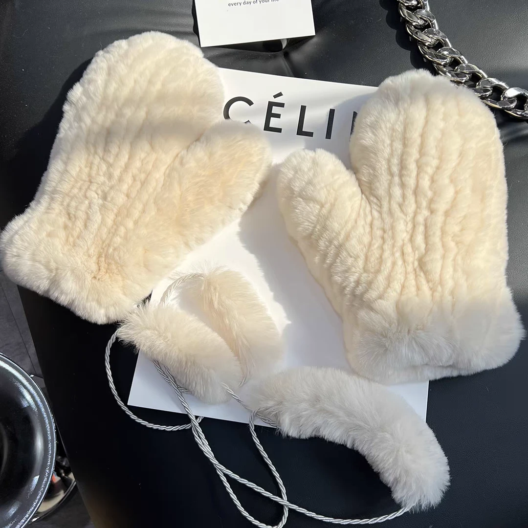 兔毛编织手套冬季加绒可爱保暖防风弹力真毛连指手套