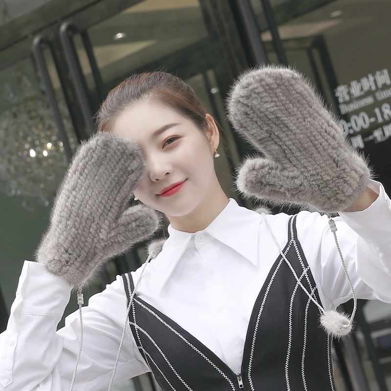 水貂毛手套冬季韩版皮草编织挂绳全指手套保暖可爱女加密连指手套