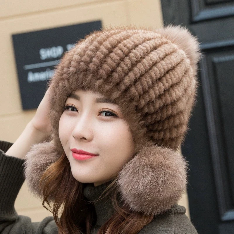 水貂毛皮草帽子女士冬季加厚保暖护耳貂皮编织百搭狐狸球帽子
