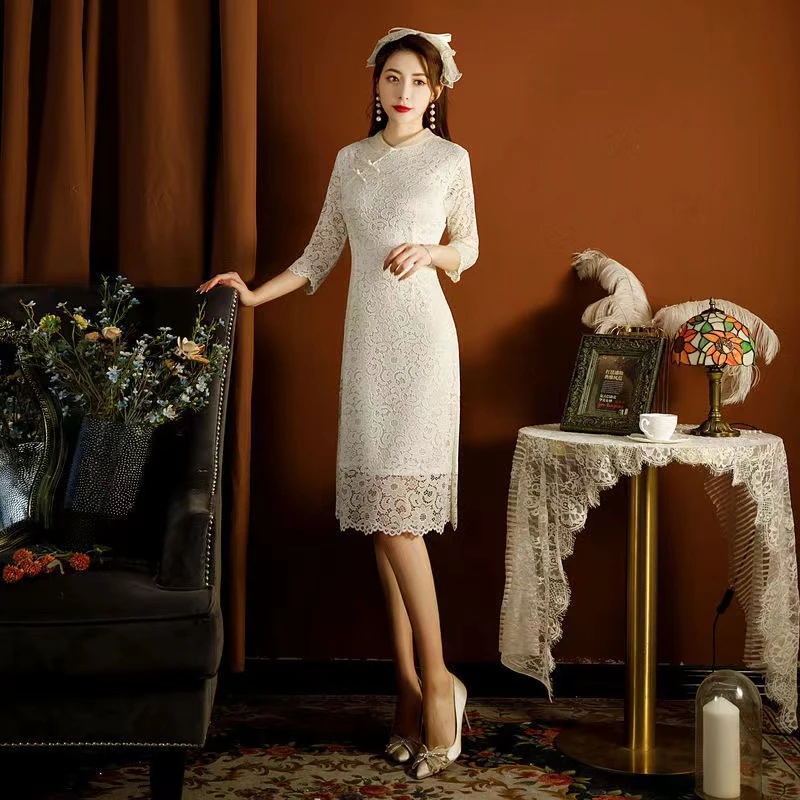 【259米色娃娃领蕾丝】时尚气质淑女显瘦旗袍中国风旗袍