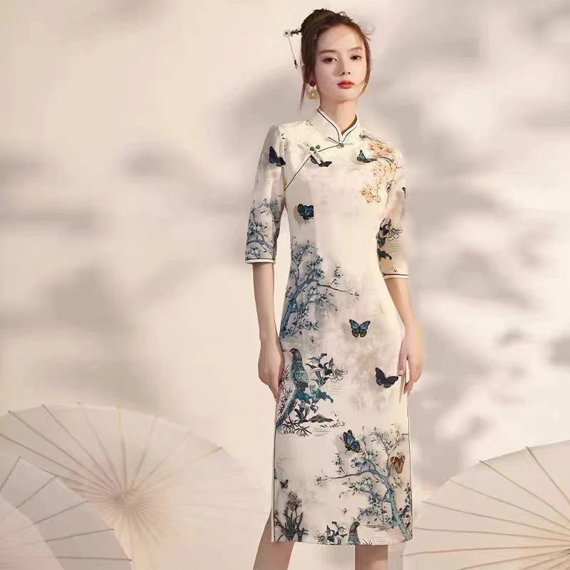 【536中袖双色彩蝶】气质百搭款淑女日常春夏秋可穿旗袍显瘦时尚