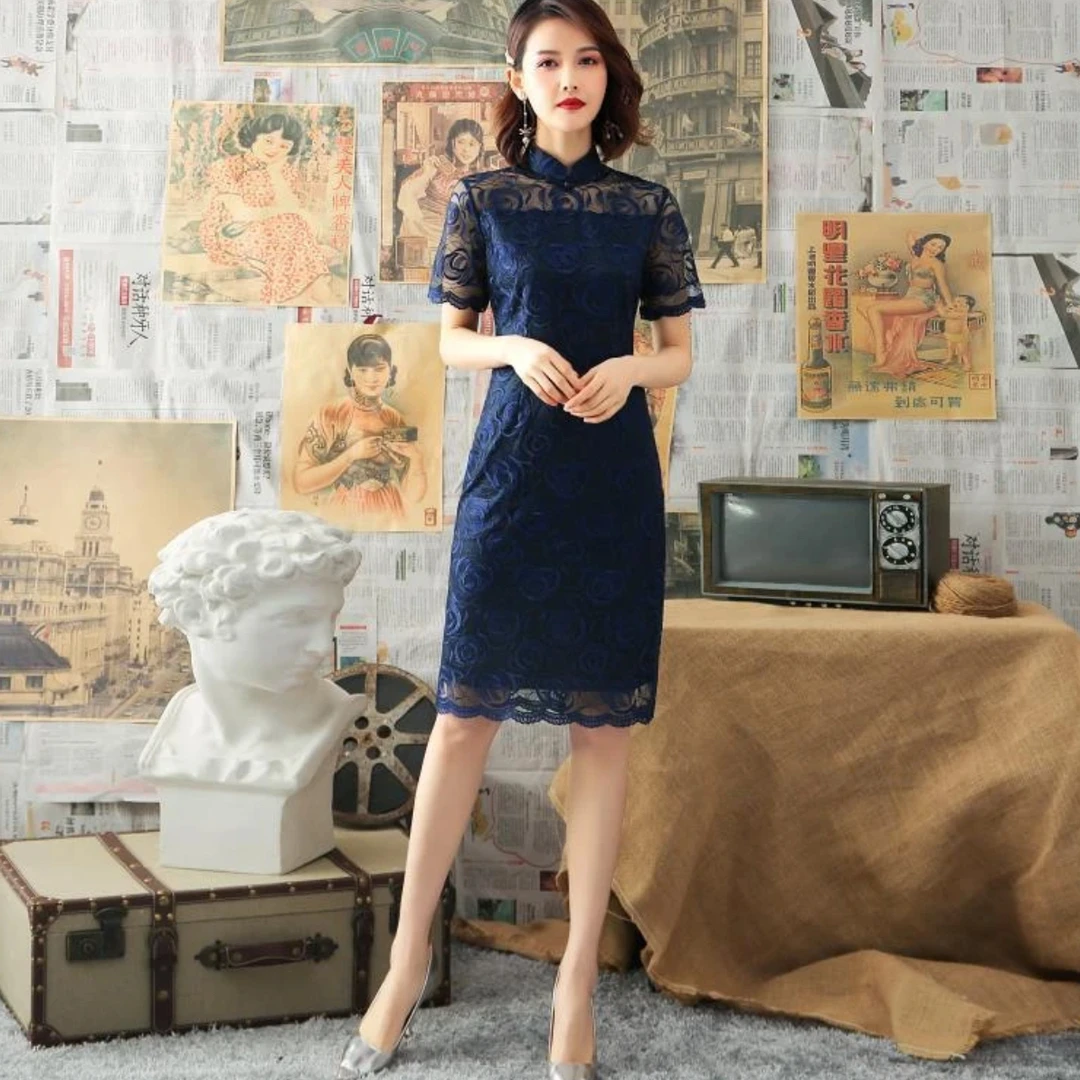 【1360爆款玫瑰绣花蓝色】网红淑女显瘦中国风旗袍气质