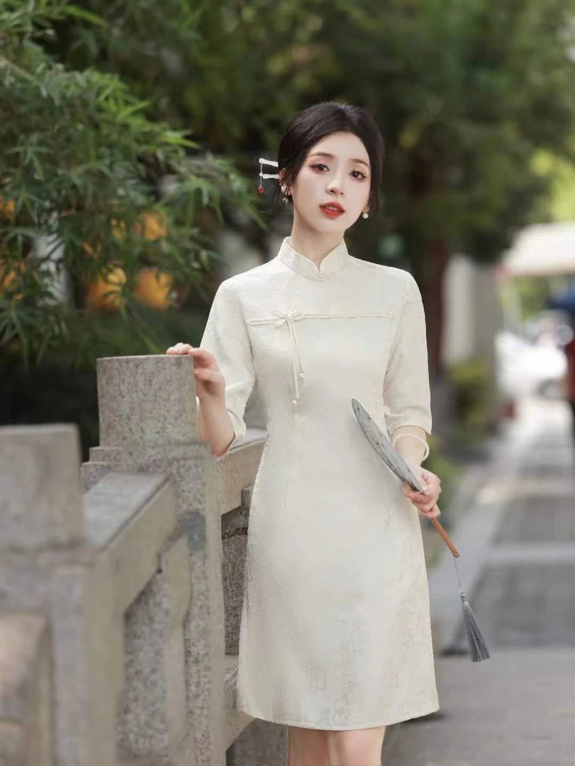 【1685 千姿 中袖白色】网红淑女显瘦旗袍气质中式中国风ins民国风