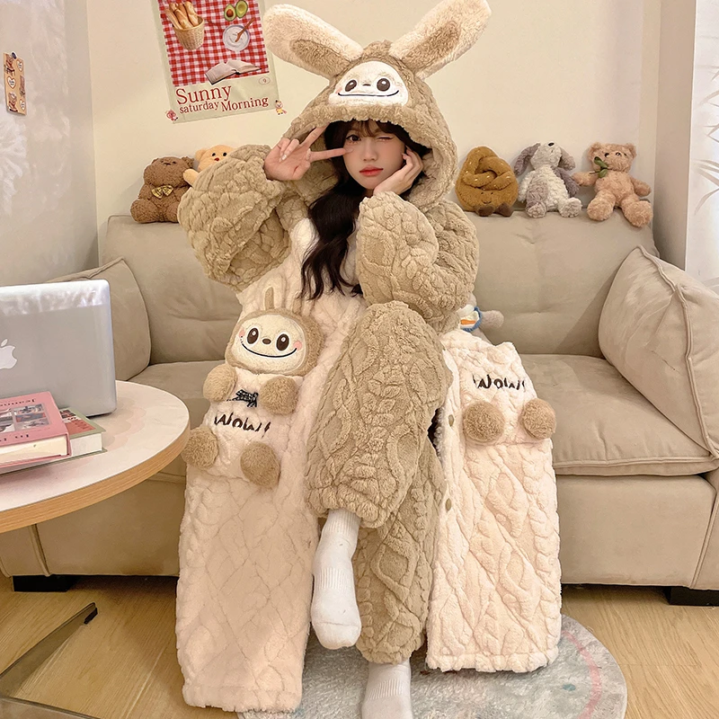 省服加绒加厚三层夹棉睡衣女新款睡袍冬季可爱家居服可外穿两件套