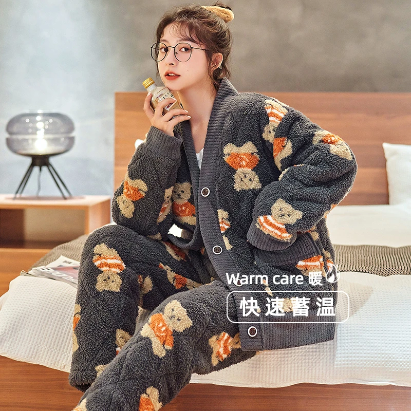 省服冬季雪花绒睡衣女加绒加厚休闲开衫套装三层夹棉可外穿家居服