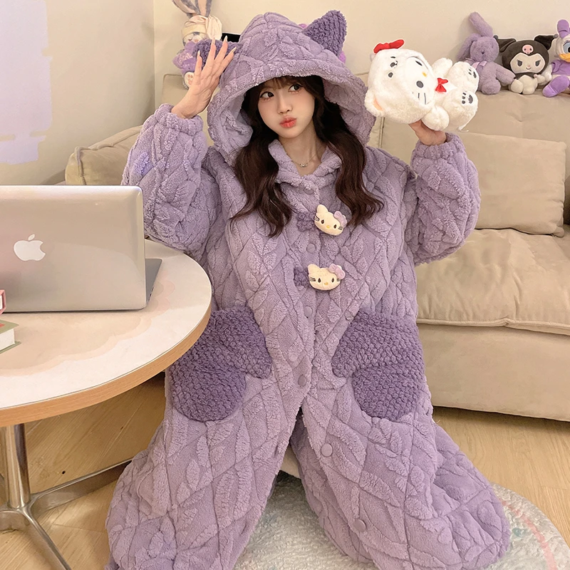 省服睡袍女加厚加绒可外穿蓄温秋冬爆款三层夹棉可外出套装家居服