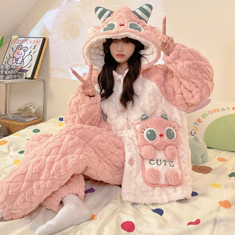 省服夹棉睡衣女2024新款秋冬季加绒加厚卡通可爱连帽家居服可外穿