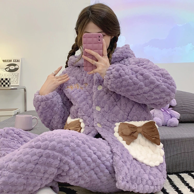 省服冬季玫瑰绒睡衣女2024年新款加绒加厚连帽套装三层夹棉家居服