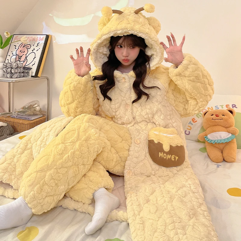 省服加绒加厚冬季三层夹棉睡衣女卡通可爱家居服可外穿两件套睡袍