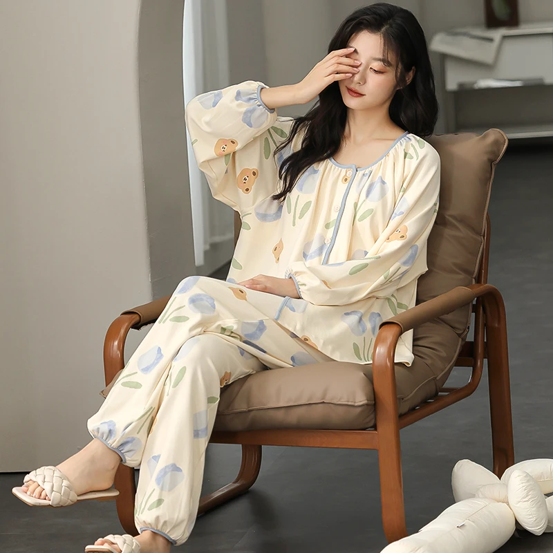 秋冬新款简约宽松女生舒适甜美时尚长裤长袖睡衣套装家居服可外穿