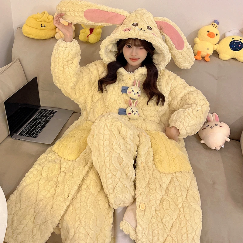 提花绒睡袍女秋冬款2024新款黄色兔子加厚加绒三层夹棉套装家居服