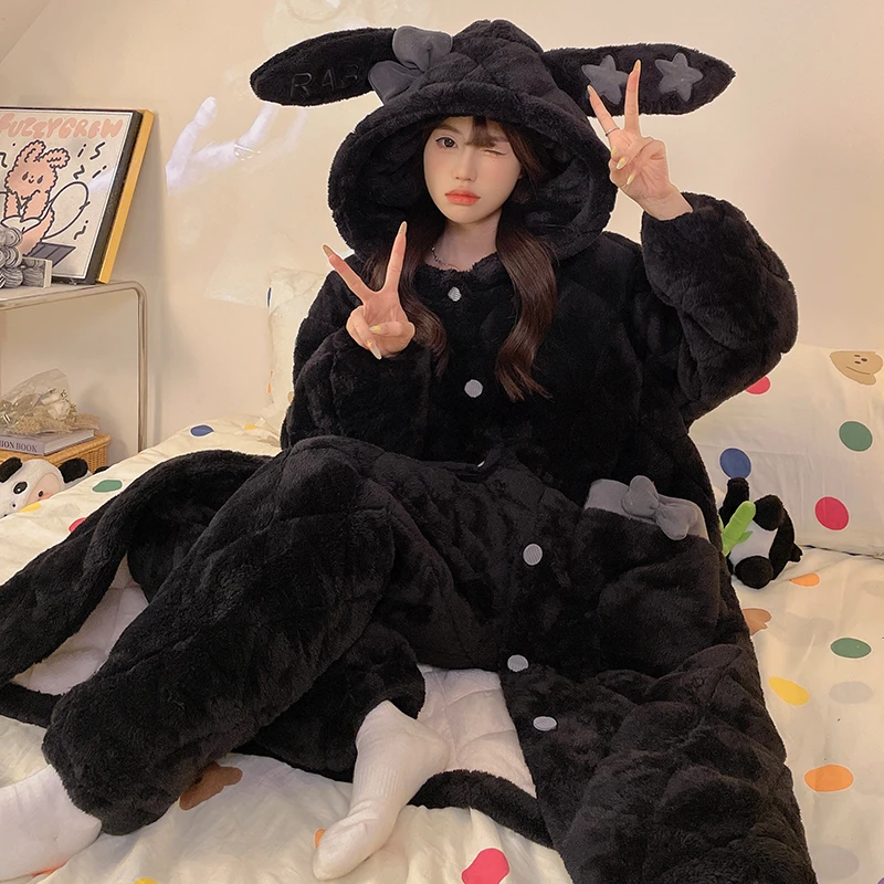 冬季睡袍女炭黑色连帽加厚加绒家居服三层夹棉休闲2024年新款套装