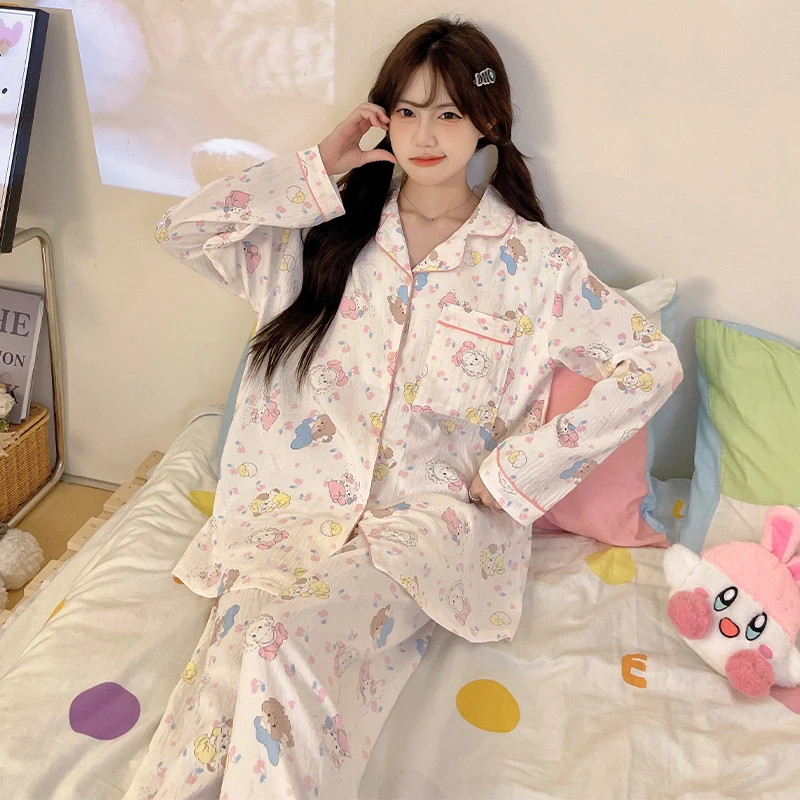 春秋睡衣女云朵棉秋季可外出大码长袖休闲翻领宽松舒适套装家居服