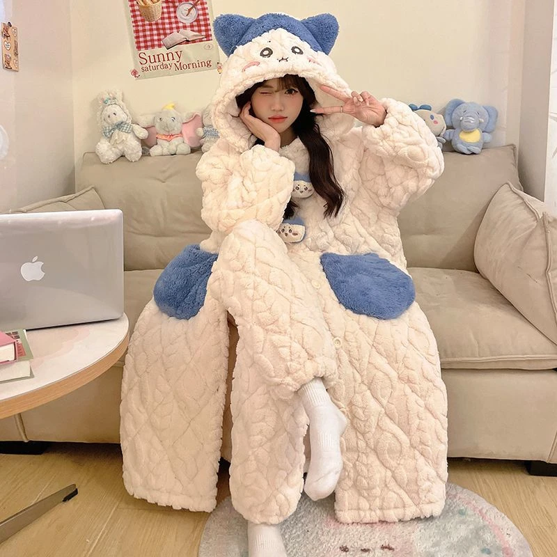 省服珊瑚绒睡袍女秋冬季夹棉保暖加绒加厚可爱连帽睡衣家居服套装