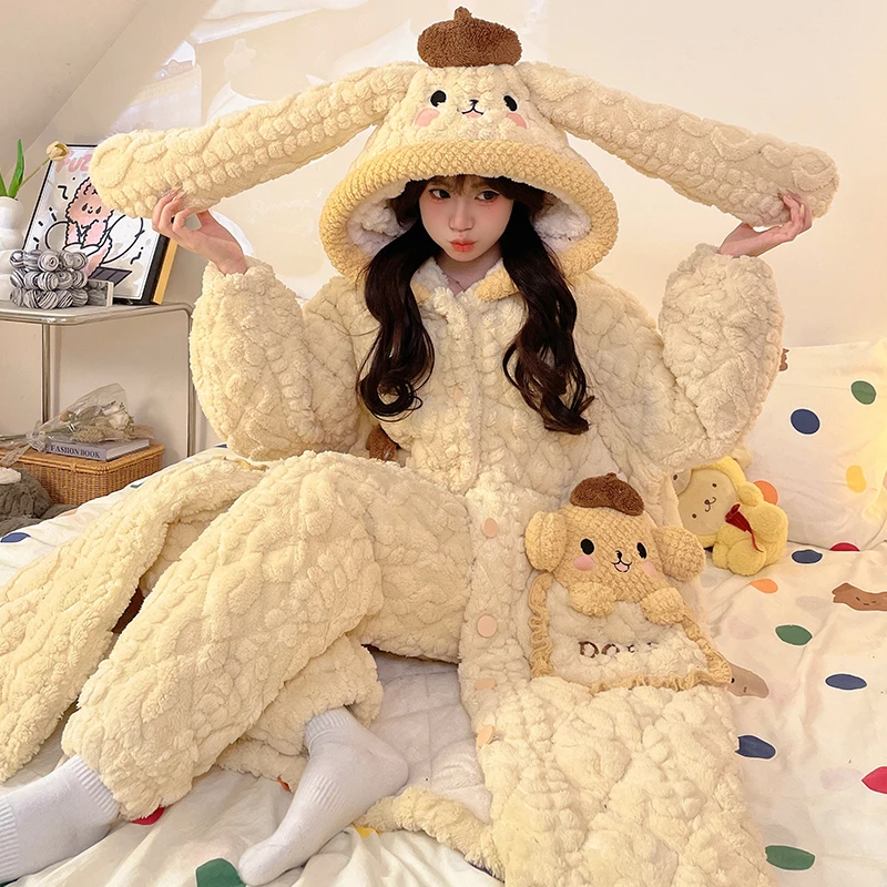 省服加绒加厚三层夹棉睡衣女2024新款可爱两件套睡袍家居服可外穿