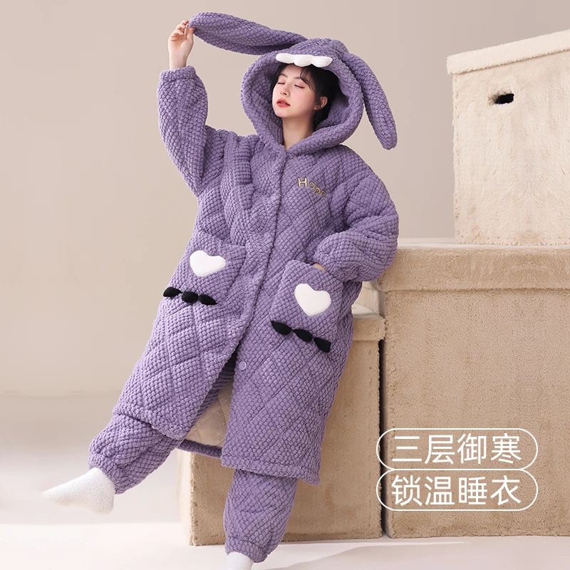 省服睡衣女加绒加厚2024新款爆款卡通款三层夹棉保暖可外穿家居服