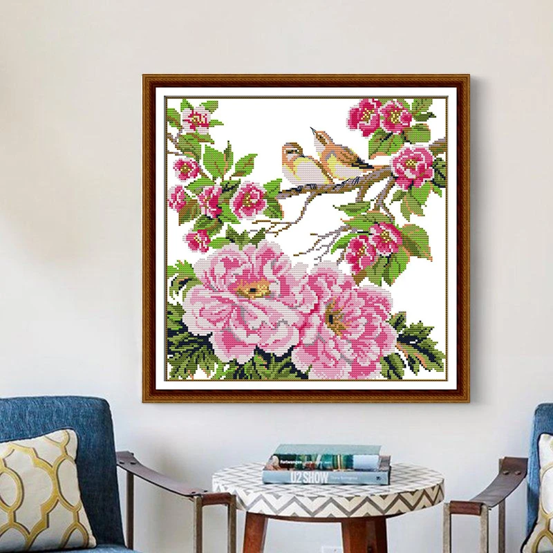 NKF十字绣2023年新款鲜花小鸟印花线绣客厅卧室装饰挂画大气背景