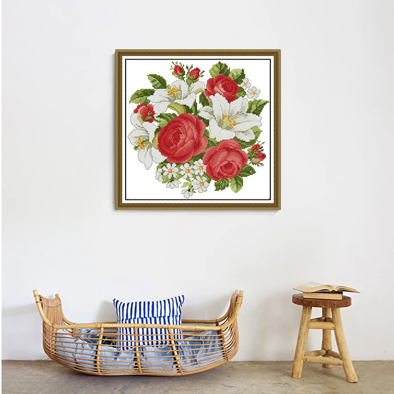 NKF NEEDLE KUNG FU十字绣玫瑰百合客厅书房装饰画自己绣刺绣套件