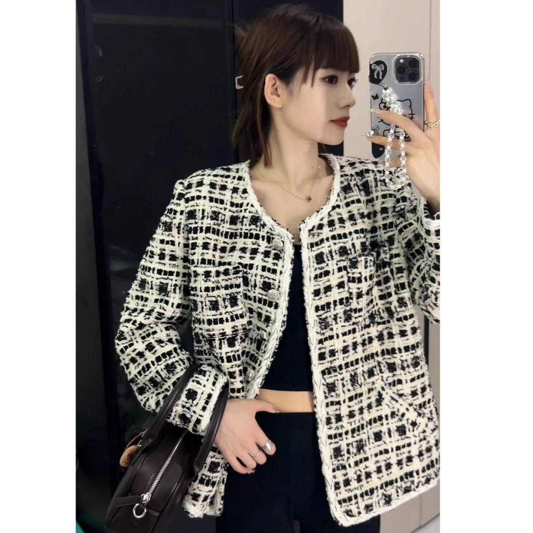 经典大气~羊毛混纺格纹编织银扣小香风外套女秋季新品中长款大衣