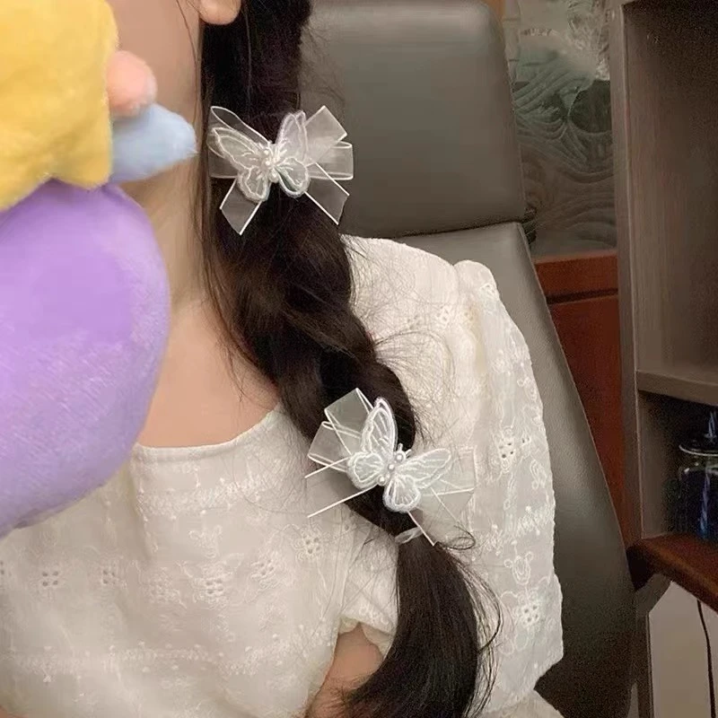 超仙白色网纱蝴蝶贝珠发夹少女森系仙气蝴蝶结发卡侧边编发头饰品