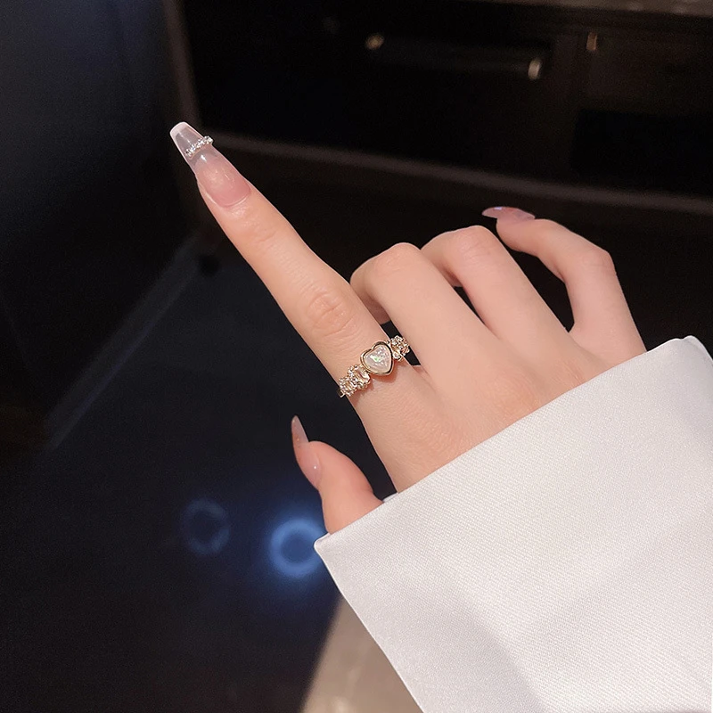 韩国新款小众设计感炫彩爱心戒指女开口可调节超闪锆石食指戒指环