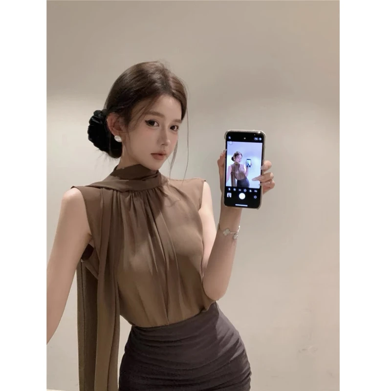 复古咖色无袖雪纺衫衬衫女夏季2024年新款气质飘带御姐温柔风上衣