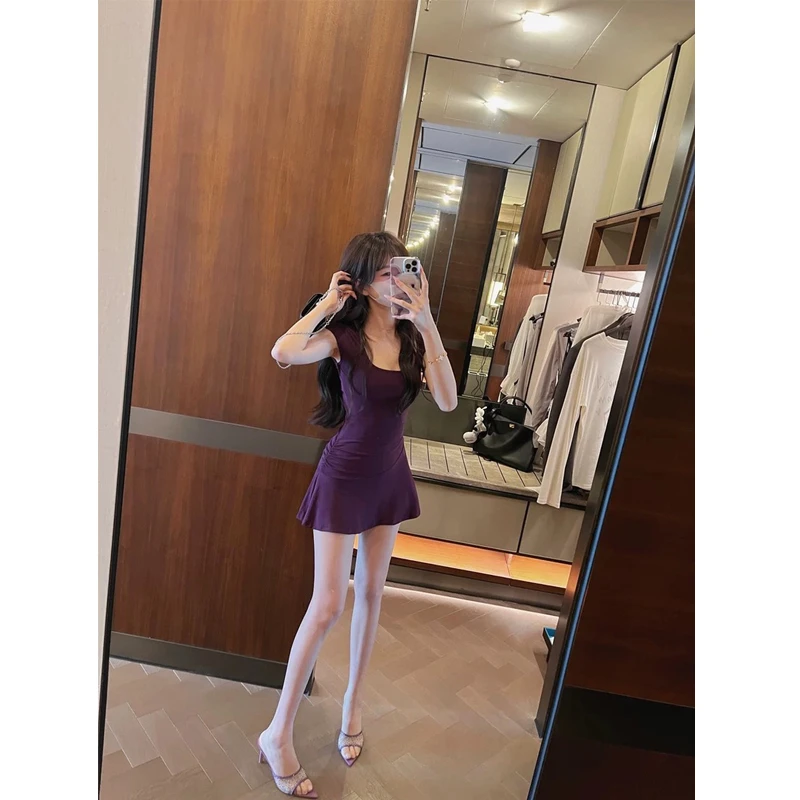 紫色性感辣妹u领短袖连衣裙夏女高级感纯欲风a字收腰修身短款裙子