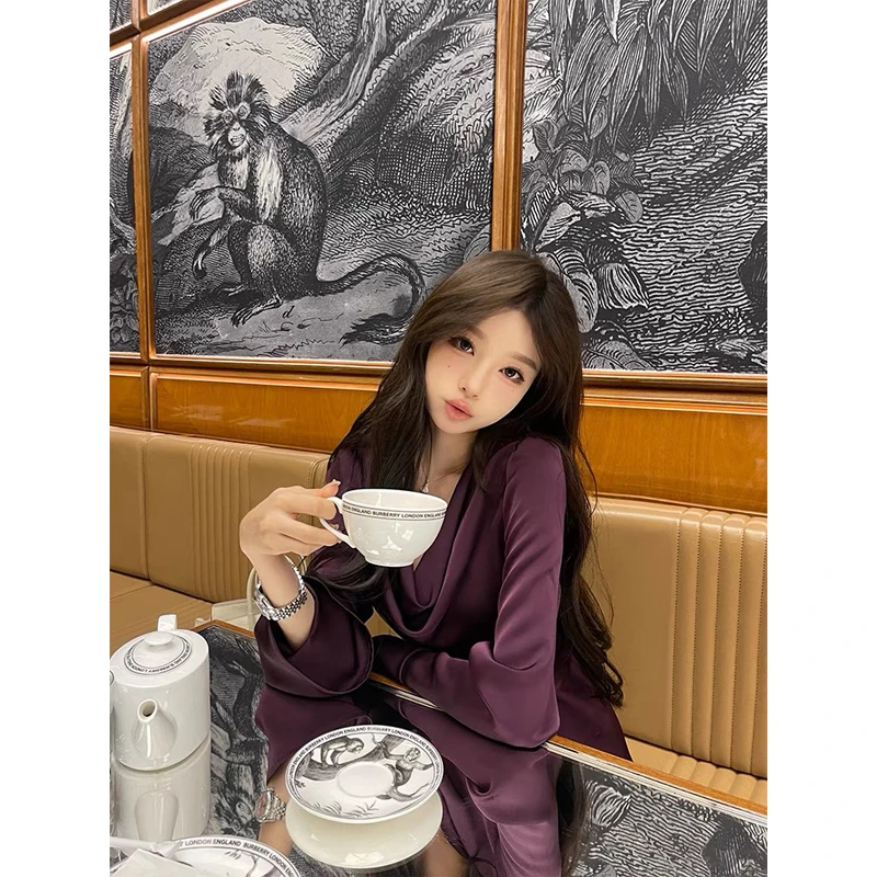 女神系带紫色缎面衬衫女秋季设计感荡领高级气质收腰长袖衬衣上衣