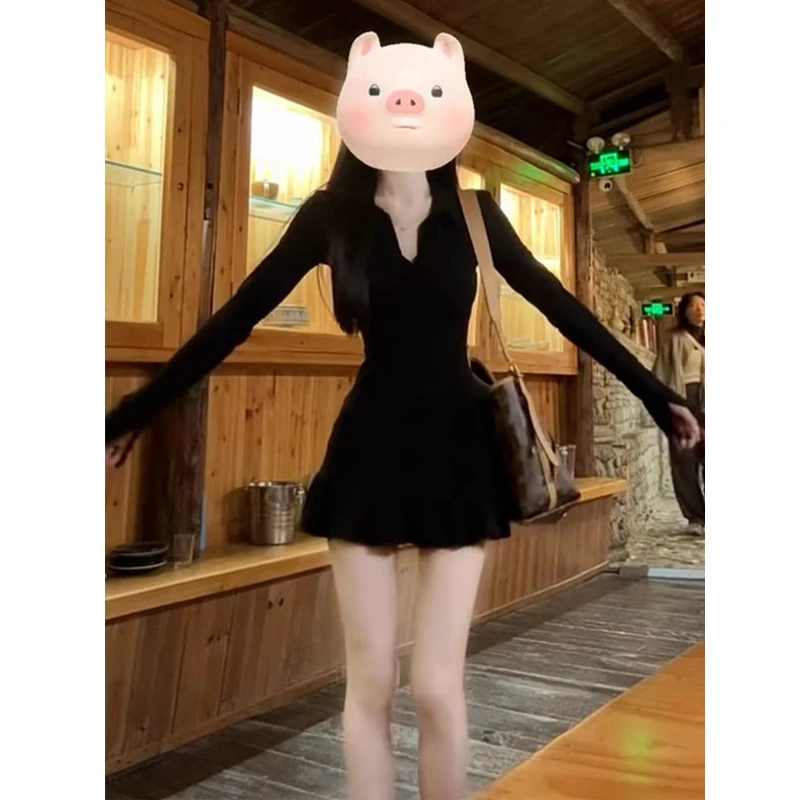 2025新款御姐风高级黑色连衣裙子女春秋季修身包臀裙辣妹短裙套装