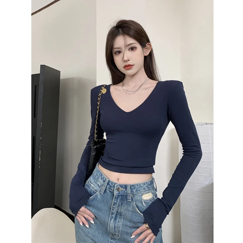 黑色V领辣妹上衣修身显瘦内搭早春秋正肩打底衫心机T恤长袖外穿女