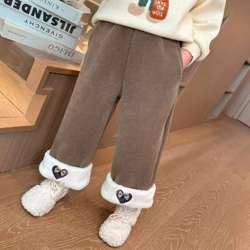 女童加绒裤子秋冬款2025新款宝宝冬季直筒裤儿童装加厚冬装阔腿裤