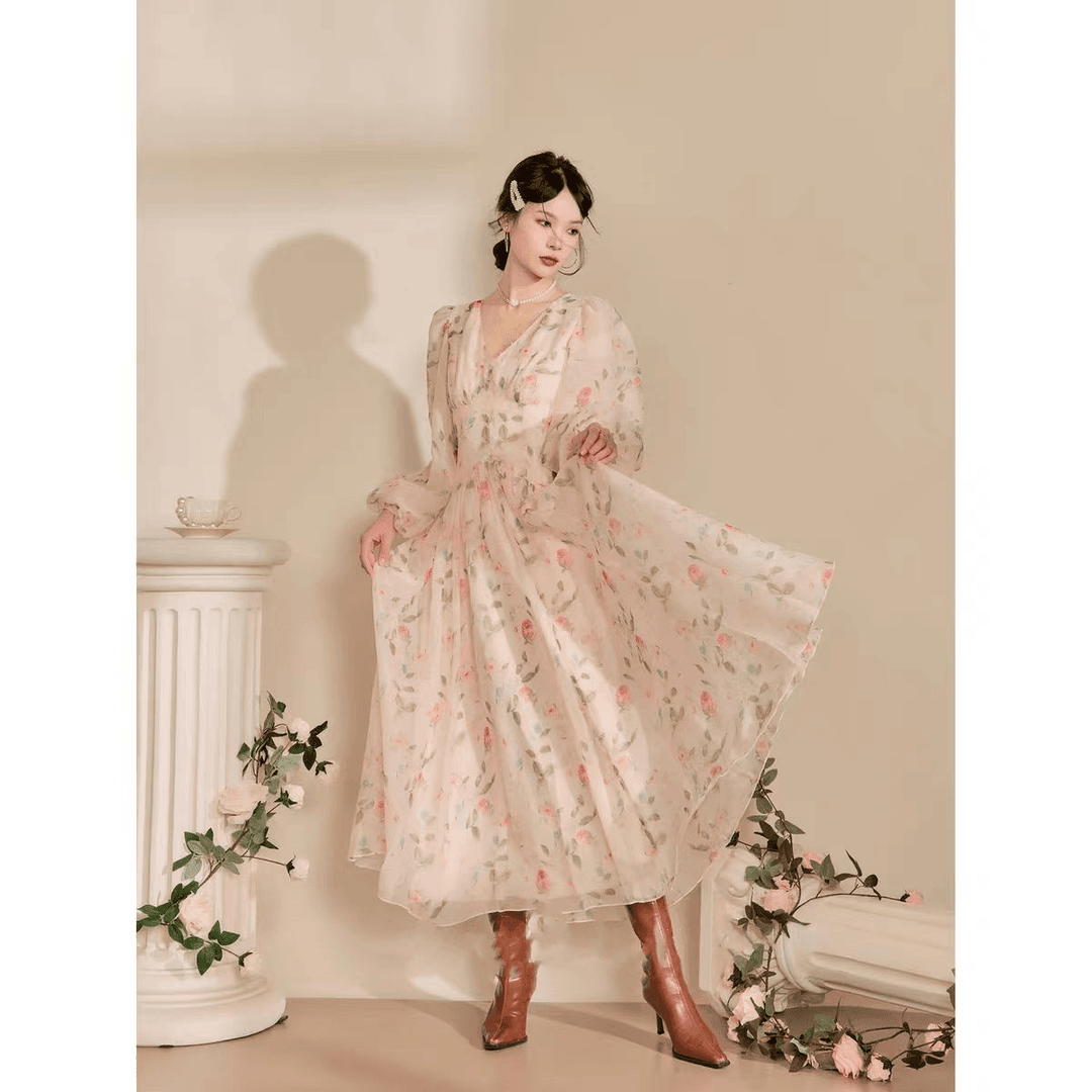 【TZ】法式粉色长袖度假碎花长裙气质连衣裙子女夏季仙女裙241001