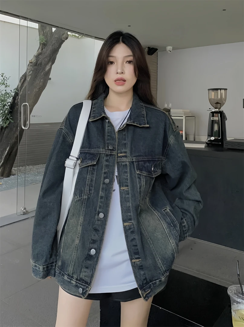 美式水洗做旧外套女款秋季2023新款潮流牛仔宽松休闲长袖夹克上衣