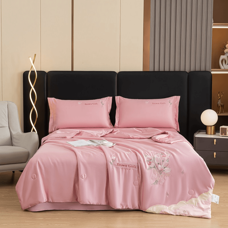 【洋盛家纺】夏季纯色绣花冰丝夏凉被四件套可水洗空调被 遇见系列