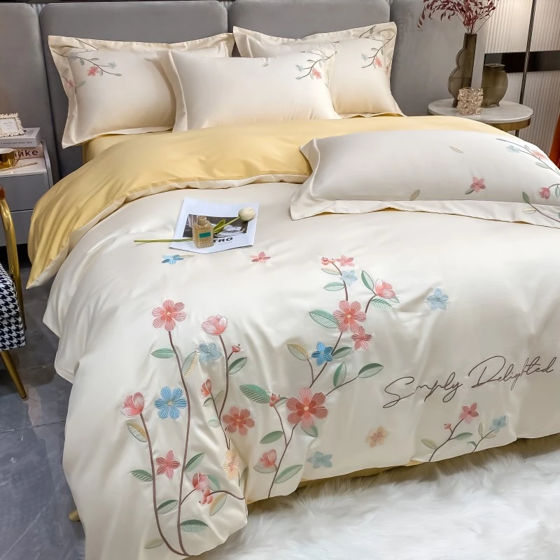 【洋盛家纺】四季款 全棉纯棉双拼绣花床上用品被套四件套 玉叶系列