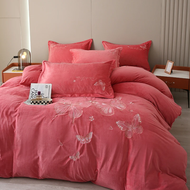 【洋盛家纺】冬季加厚绣花床上保暖加绒被套四件套花雨蝶系列