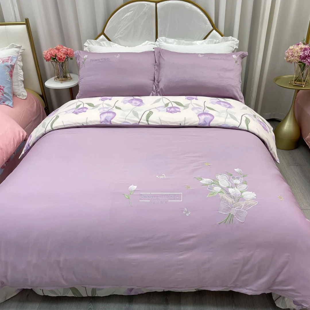 【洋盛家纺】四季款 全棉纯棉双拼绣花床上用品被套四件套 紫恋系列