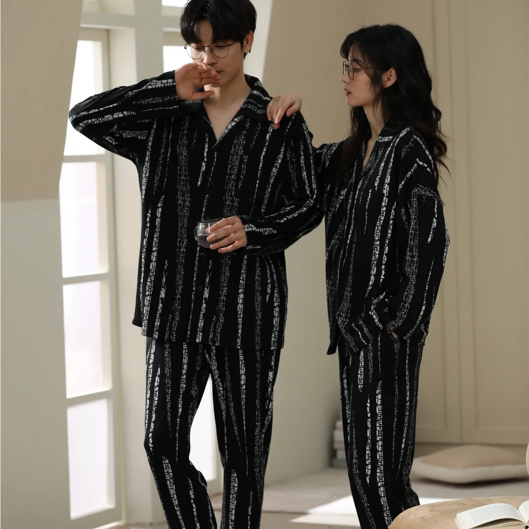 睡衣女士春秋纯棉长袖开衫竖条纹个性风ins款91316