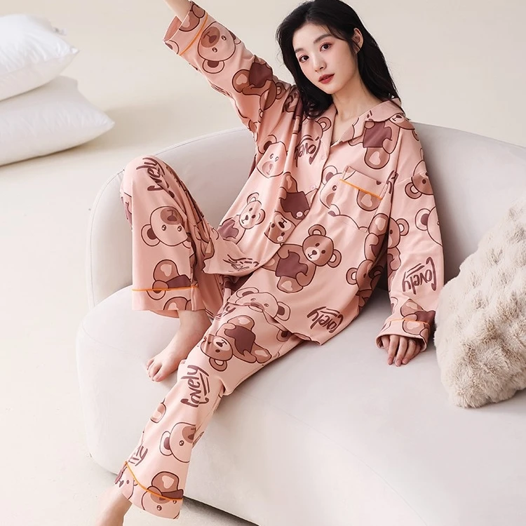 睡衣女春秋长袖秋款开衫小翻领开扣设计将可外穿秋季家居服99001