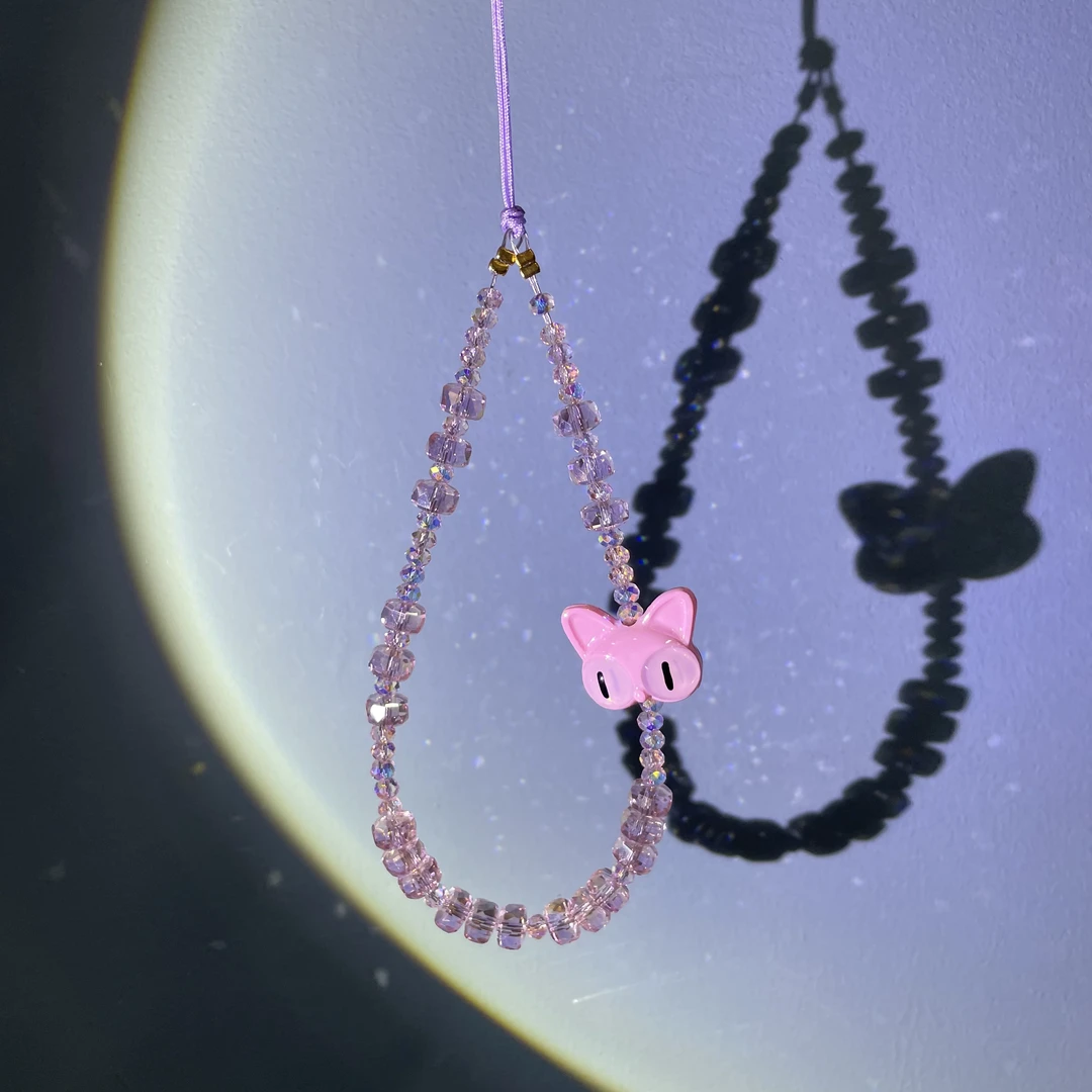 编织绳头款粉色系猫头手机链C450